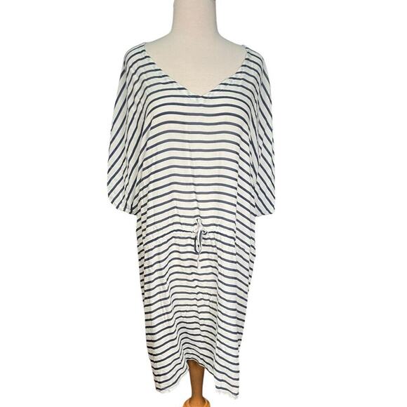 Lands' End Navy/White Striped Beach Coverup SZ 2X Soft Drawstring Waist Vacation - Picture 1 of 12